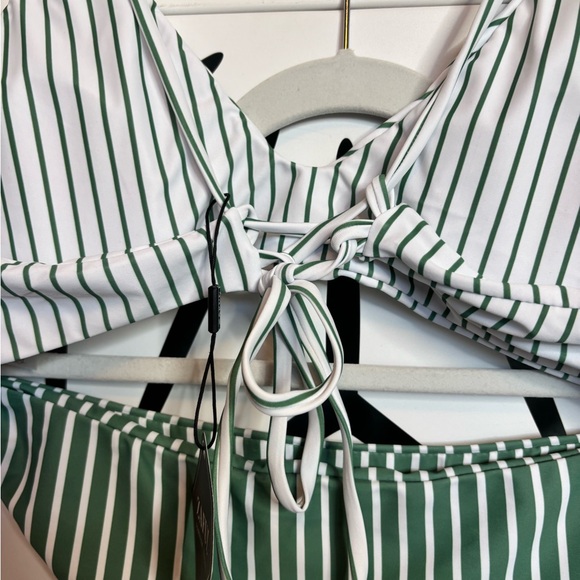 NWT ZAFUL Tie Back Bralette Bikini Set High Cut White Green Stripe XL - Picture 10 of 13